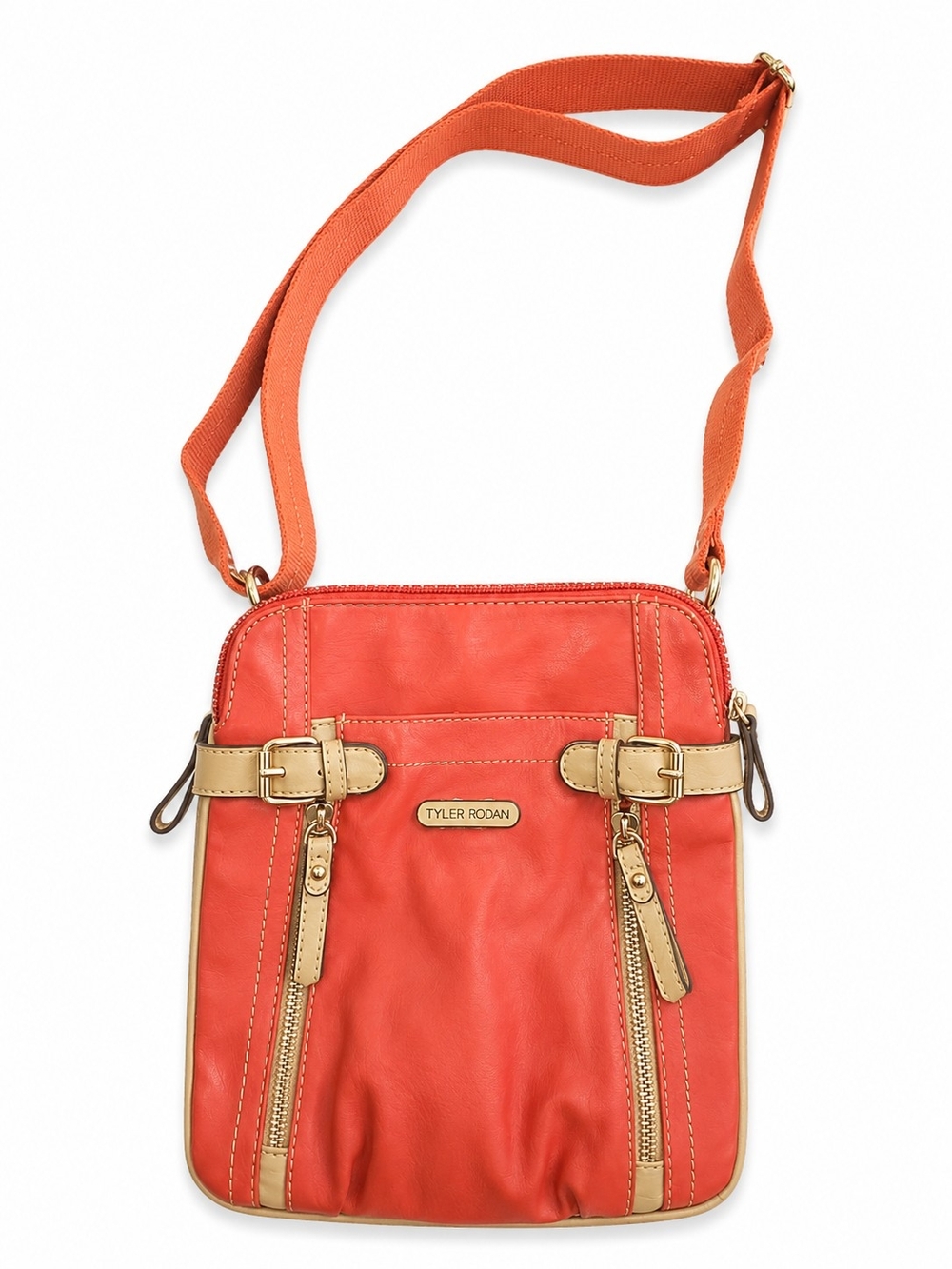 Tyler Rodan Orange Tan Multi-Zip Crossbody Bag Adjustable Strap